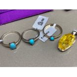 Three silver and turquoise rings by Gemporia sizes P R and T (5.5G) also includes silver and amber