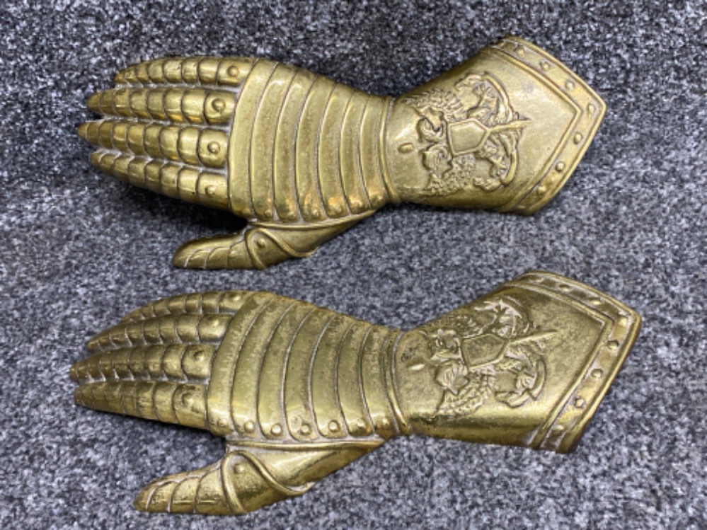 2 vintage solid brass double headed Phoenix armoured gauntlet’s - hanging ornaments - 30x12cm