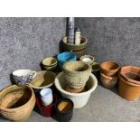 Large quantity of miscellaneous plant pots, includes ceramic, terracotta, stone