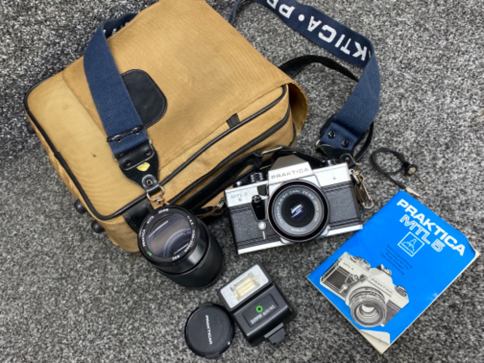 Praktica MTL 5 film camera with lens & instruction booklet, also includes Carl Zeiss lens & Sunpak