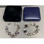 2x silver 925 charm bracelets, with white, purple & black stone charms, 91g gross