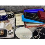 Selection of costume jewellery includes earrings, bangles, cufflinks etc, plus a tin of empty
