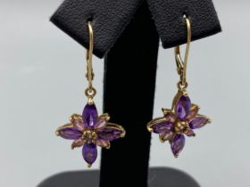 Ladies 9ct yellow gold Amethyste and light pink stone set drop earrings, 2.6 grams