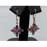 Ladies 9ct yellow gold Amethyste and light pink stone set drop earrings, 2.6 grams