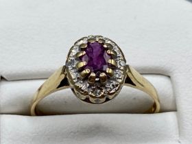 Vintage ladies 9ct gold Ruby and diamond cluster ring. Size N (2.2g)