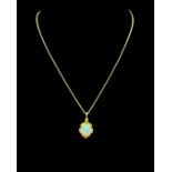 18ct Gold Large Oval Opal & Diamond Pendant & Chain 45cm in length - Opal 12mm x 10mm - 6.2grams