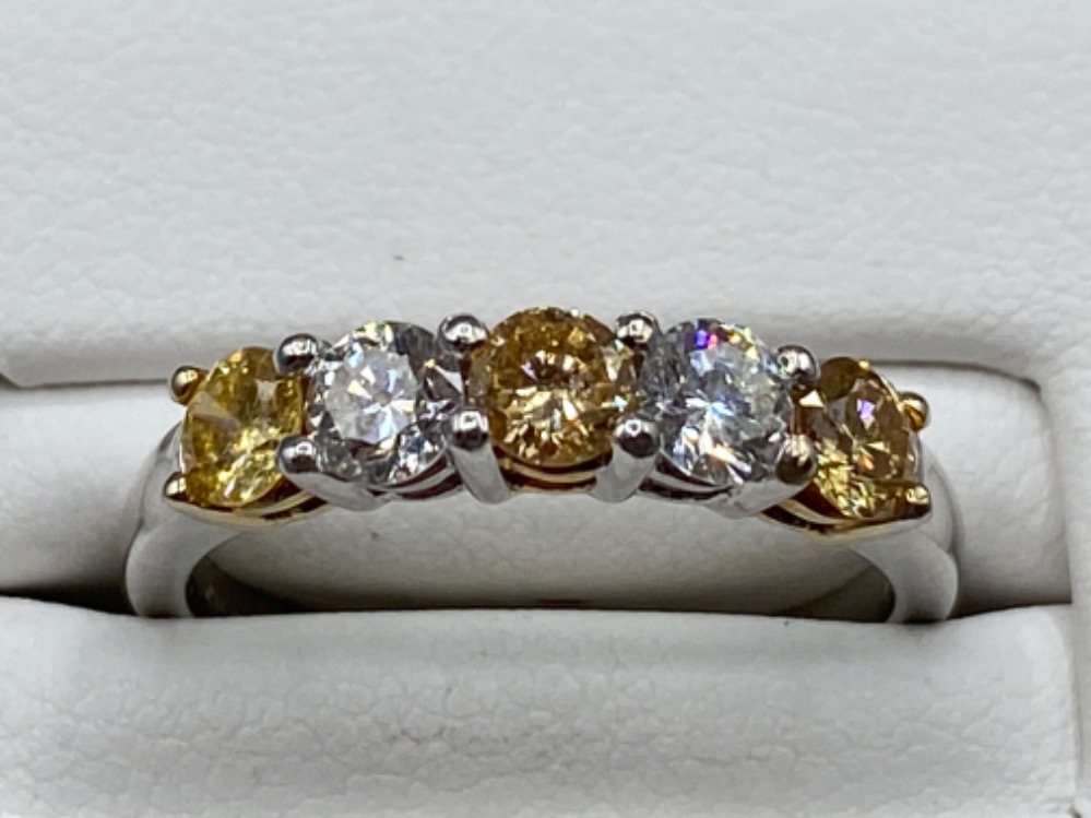 18ct White Gold 5 stone ring with 0.45ct of diamonds and 0.54ct of fancy yellow diamonds size M 1/