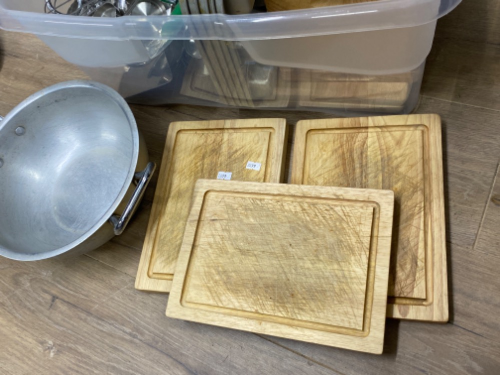 Box lot of kitchen ware Including chopping boards, trays etc