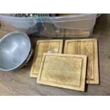 Box lot of kitchen ware Including chopping boards, trays etc