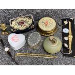 Miscellaneous trinkets, onyx table lighter together with wristwatches & gilt bracelets
