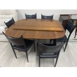 Vintage G-plan extending dining table and 6 black leather chairs and extra leaf