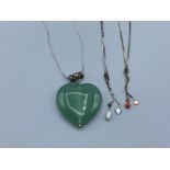 Silver necklet with freshwater pearl drop, silver necklet with coral drop, silver necklet with green