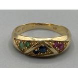 Ladies 14ct yellow gold ruby sapphire and emerald ring size Q 3.8g gross