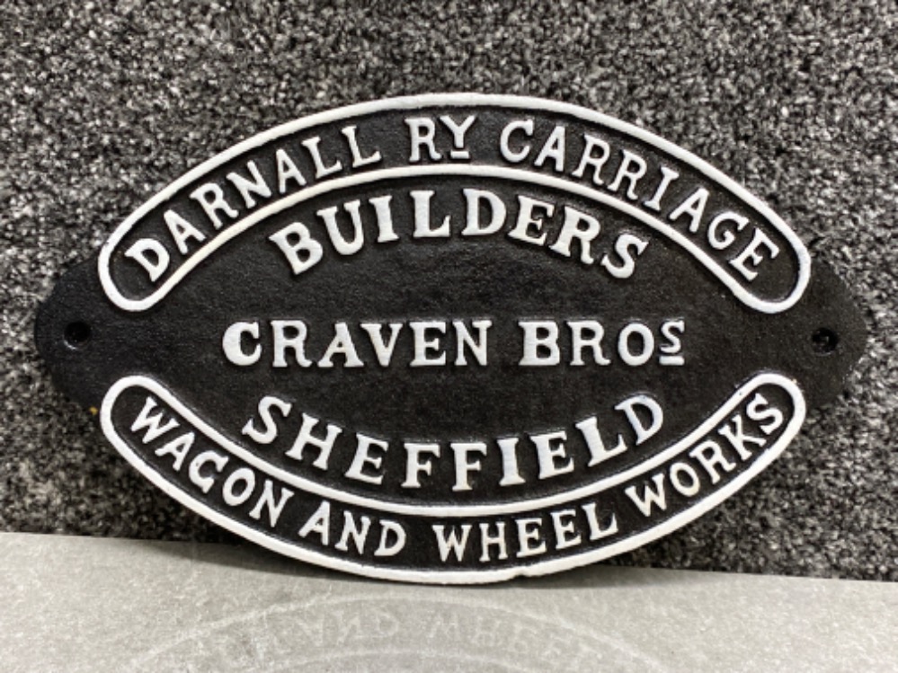 Cast metal coach builder sign - “Darnall RY carriage builders, craven Bros Sheffield, wagon and