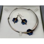 Silver enamel and Amber earrings and collarette