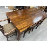 Large extending stained pine dining table & 6 matching chairs (2x carvers & 4x singles) H77cm x