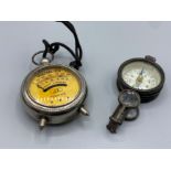 Vintage metal voltmeter together with a french brass compass with binocular mirror and tool set