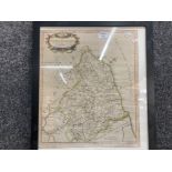 An 18th century engraved map of Northumberland by Robert Morden 43 x 36cm