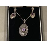 Silver, Amethyst & Marcasite pendant & earrings set