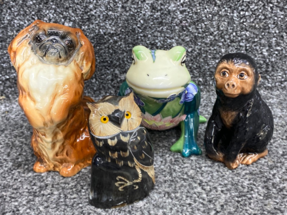 2 Beswick animal ornaments includes chimp & 1059 pekinese dog, also includes carved owl & country