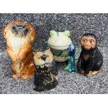 2 Beswick animal ornaments includes chimp & 1059 pekinese dog, also includes carved owl & country
