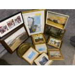 Box of miscellaneous framed paintings & prints also includes a circular brass plaque