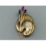 Ladies 18ct yellow gold paint pallet clock brooch, Bucherer maker, set with diamonds sapphires and