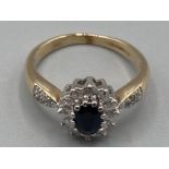 Ladies 9ct yellow gold sapphire and diamond cluster ring size M 3.2g gross