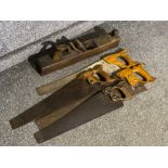 Vintage wooden workman’s plane & 4 hand saws (Warranted Superior etc)