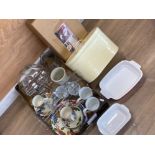 Miscellaneous kitchen ware including Kig pitcher jug, large metal bread bin, Staffordshire pottery