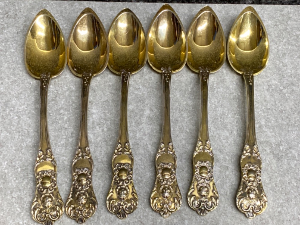 Set of six antique silver gilt French Rococo fruit spoons circa 1838, 99g in good condition.