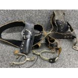 2x leather cowboy gun holsters & pair of metal and leather boot spurs