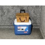 Large Coleman xtreme cooler box and picnic basket with part contents