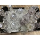 Box containing 6x glass decanters all with stoppers (some crystal) & 9 glass vases