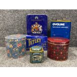 6 various tins including Tetley and Fortnum and Mason