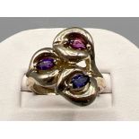 Silver ornate set ring with Amethyst, Tourmaline and Iolite