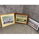 An oil painting of St Mary’s Lighthouse by C Newsome together with two other pictures