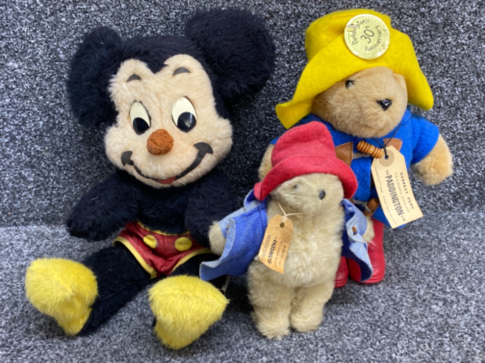 Vintage Walt Disney characters 1970s Micky Mouse soft teddy together with 2x vintage Paddington