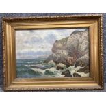 An oil painting by Alexander Mortimer coastal scene with boat in the distance signed and