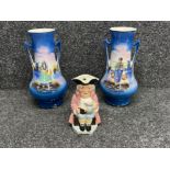 Pair of opal Dutch themed twin handle vases and Toby jug