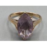 Ladies 9ct yellow gold marque shaped pink/purple ring size M 2.6g gross