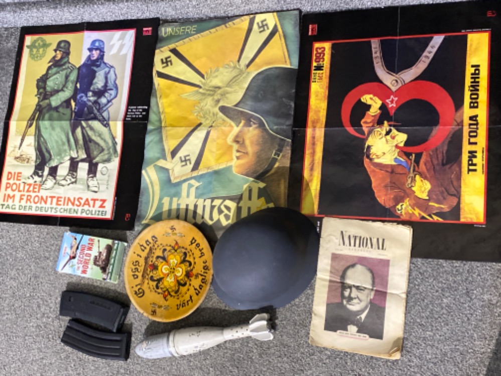 3x Reproduction German posters & helmet together with pellet (air soft BBs) magazines &
