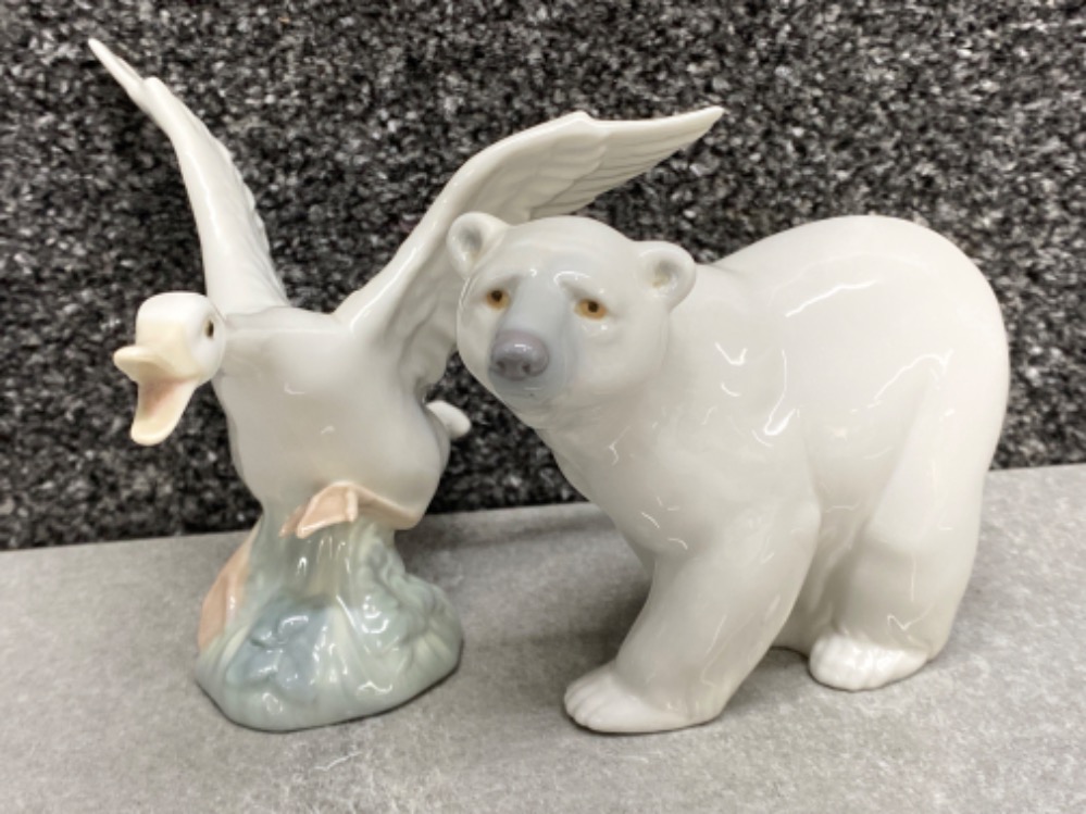 2x Lladro animal figurines includes 1207 Attentive polar bear & goose