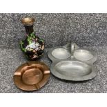 Cloisonné vase H21cm together with a vintage copper ash tray & pewter (Hors d’oeuvres) 3 section