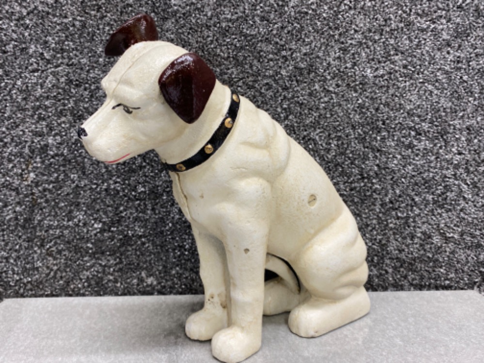 Large cast metal HMV dog money box, H24.5cm