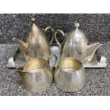 Very heavy gauge white metal teapot & hot water jug and serving tray together with the same milk &