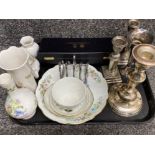 Tray containing 8 pieces of floral patterned Aynsley China & 6x silver plated items