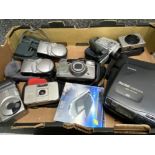 Box of miscellaneous cameras & cases including Canon & Fujifilm also includes Sony camcorder & CD