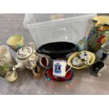 Box lot containing miscellaneous items including Maling lustre jug, Sylvac vase, Carlton ware,