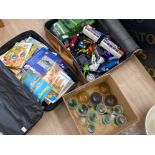 2x suitcases containing a mixture of vintage toys & magazines, also includes a box of glass ware